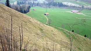 Von 1890 - 1908 war in Lessoc eine Material - Standseilbahn in Betrieb. Im Marmor - Steinbruch transportierte der grosse Bremsberg die schweren Marmor - Blöcke hinunter zur Strasse. Das ehemalige Trassee der Standseilbahn ist nach über 100 Jahren immer noch erkennbar. Foto Markus Seitz Archiv standseilbahnen.ch